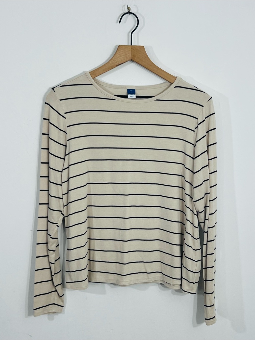 Old Navy Luxe Women's M Beige Black Striped Long Sleeve Crew Neck Knit Stretch